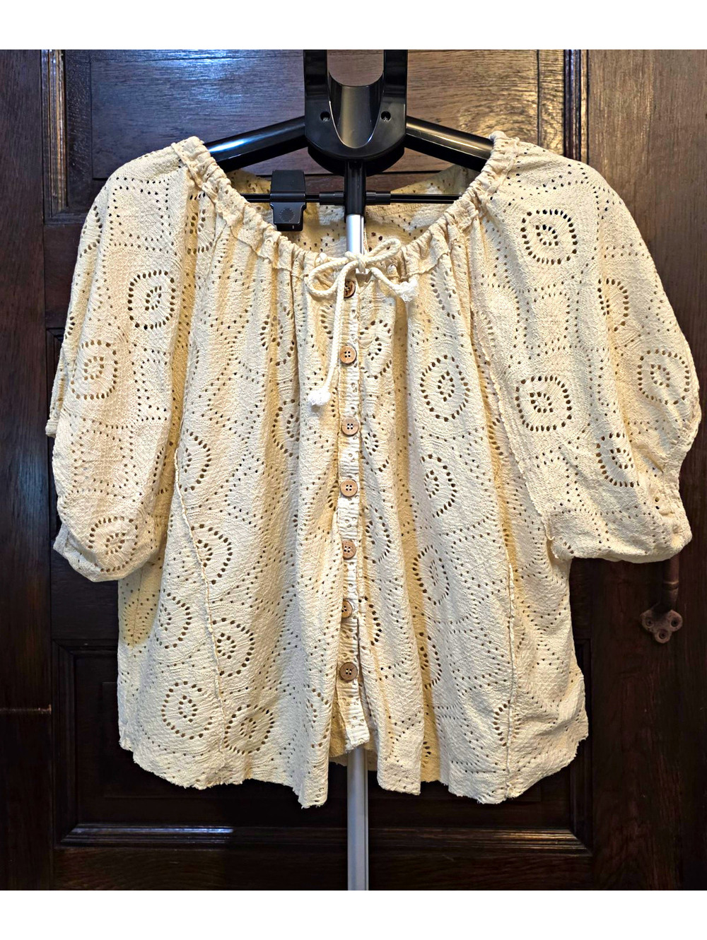 Free People Beige Knit Geometric Puff Short Sleeve Blouse XL